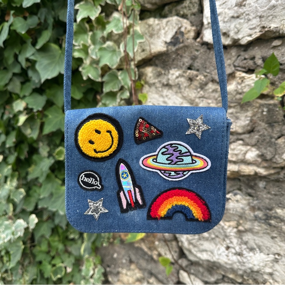 Place Denim Crossbody Bag with Colorful Patches
